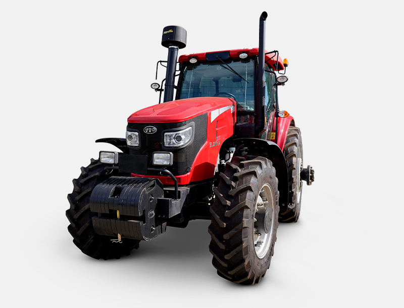 Trator YTO modelo ELG 1954 com cabine fechada e design robusto, exibido em fundo branco. Equipado com rodas de alta tração, pesos frontais, faróis duplos modernos e escapamento elevado, ideal para tarefas agrícolas exigentes.