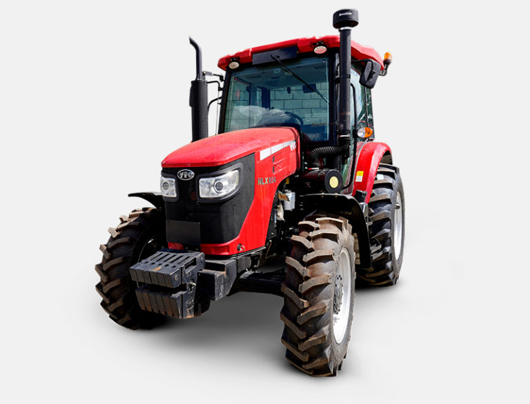 Trator YTO modelo NX 854 com cabine fechada, pintura vermelha intensa e rodas de grande tração, posicionado sobre fundo branco. O trator apresenta design robusto, faróis frontais duplos e estrutura reforçada para operações agrícolas de alta performance.