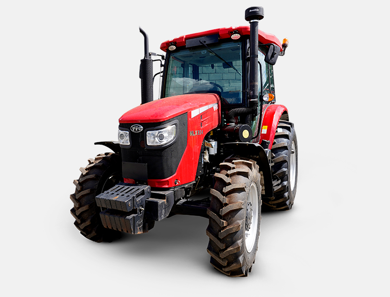 Trator YTO modelo NX 854 com cabine fechada, pintura vermelha intensa e rodas de grande tração, posicionado sobre fundo branco. O trator apresenta design robusto, faróis frontais duplos e estrutura reforçada para operações agrícolas de alta performance.